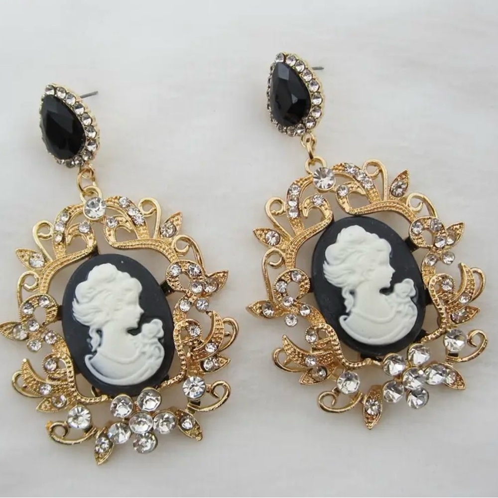 Vintage-Inspired Gold and Black Cameo Earrings